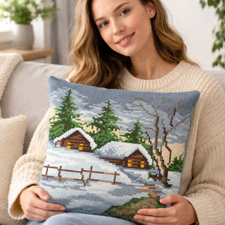 Winter Cabin Cross Stitch Style Throw Pillow Kussen