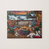 Winter Cabin Deck Dogs Fire Pit Snow Scene Legpuzzel (Horizontaal)