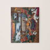Winter Cabin Deck Dogs Fire Pit Snow Scene Legpuzzel (Verticaal)