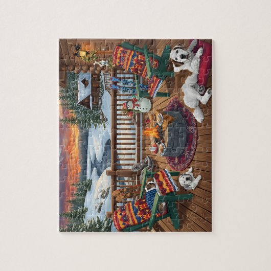 Winter Cabin Deck Dogs Fire Pit Snow Scene Legpuzzel (Verticaal)