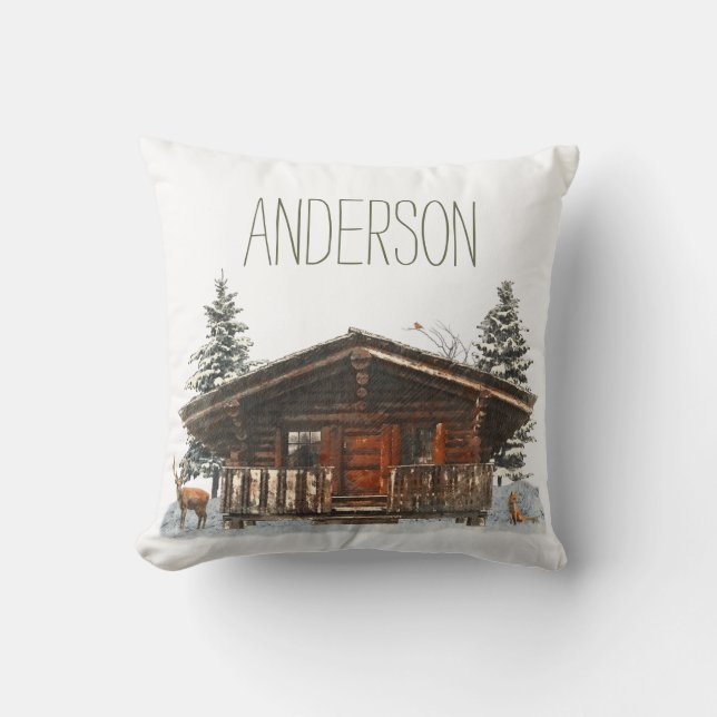 Winter Cabin met naam Kussen (Voorkant)