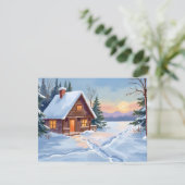 Winter Cabin Mountain Snow Watercolor Feestdagenkaart (Staand voorkant)