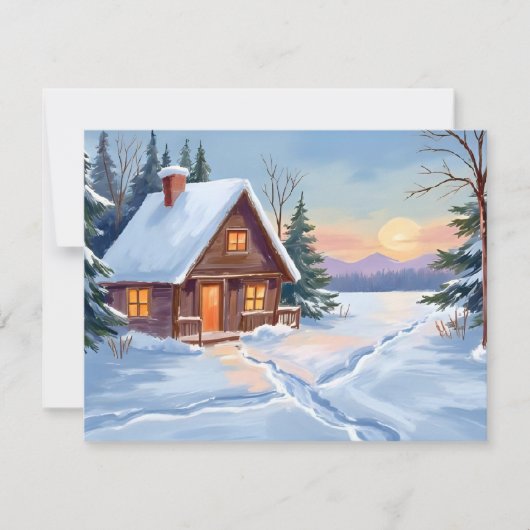 Winter Cabin Mountain Snow Watercolor Feestdagenkaart (Voorkant)