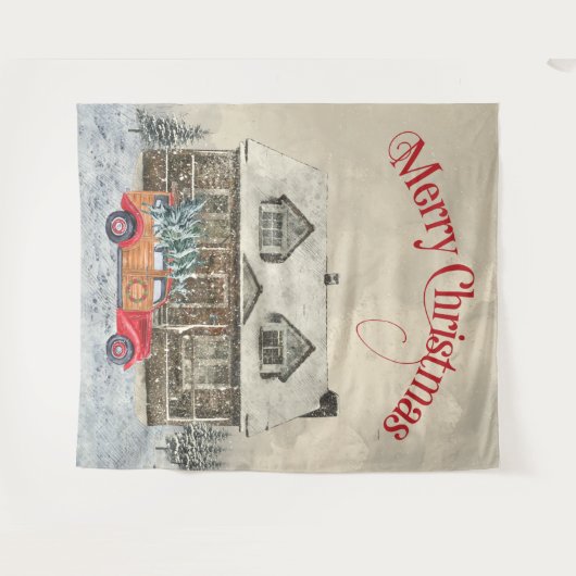 Winter Cabin Red Truck Kerstmis Wandkleed (Voorkant (horizontaal))