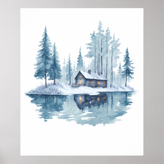 Winter Cabin Retreat waterverf schilderij Poster (Voorkant)