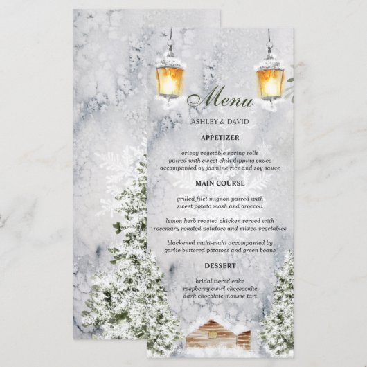 Winter Cabin Rustieke Sneeuwscène Trouwen Menu (Voorkant / Achterkant)