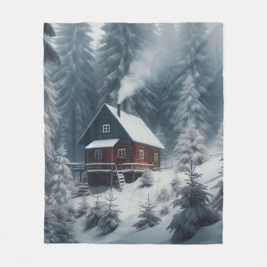 Winter Cabin Scene met Sneeuw & Pine Trees Fleece Deken (Voorkant)