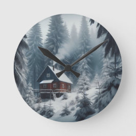 Winter Cabin Scene met Sneeuw & Pine Trees Ronde Klok