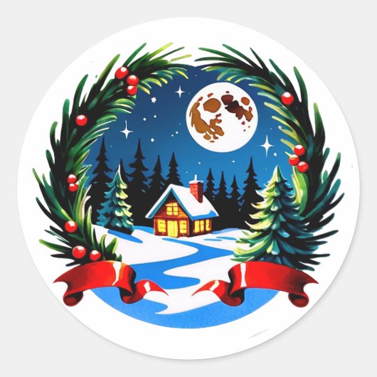 Winter Cabin Wrapped in a Festive Wreath Ronde Sticker (Voorkant)