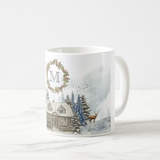 Winter Cabine Forest Animals met Monogram Koffiemok (Voorkant rechts)