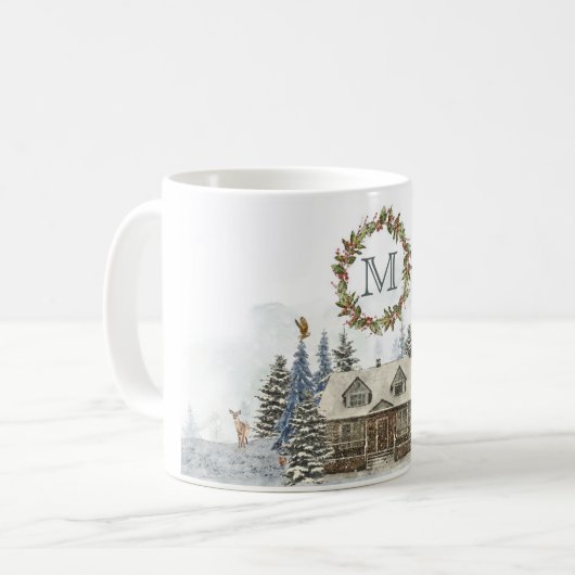Winter Cabine Forest Animals met Monogram Koffiemok (Voorkant links)