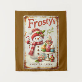 Winter Cafe Kerstmis sneeuwpop koele rustieke kuns Wandkleed