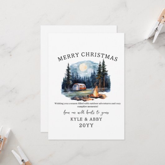 Winter Camping Bonfire Moonlight Christmas Forest Kaart (Voorkant / Achterkant in situ)