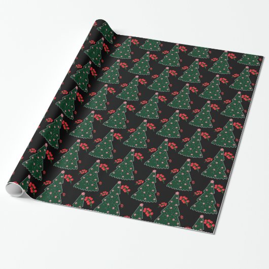 Winter Candy Cane Holly Berry Black Kerstboom Cadeaupapier (Uitgerold)