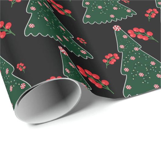 Winter Candy Cane Holly Berry Black Kerstboom Cadeaupapier (Rol Hoek)