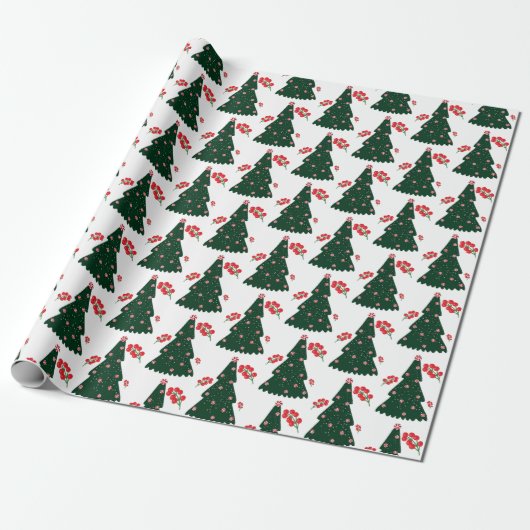 Winter Candy Cane Holly Berry Witte Kerstboom Cadeaupapier (Uitgerold)