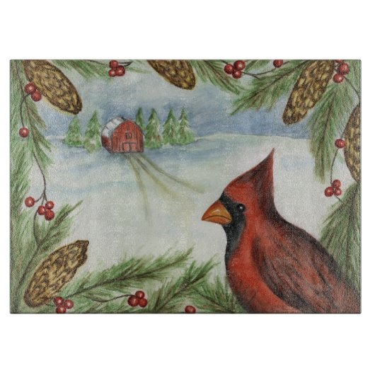 Winter Cardinal Glass Snijplank (Voorkant)