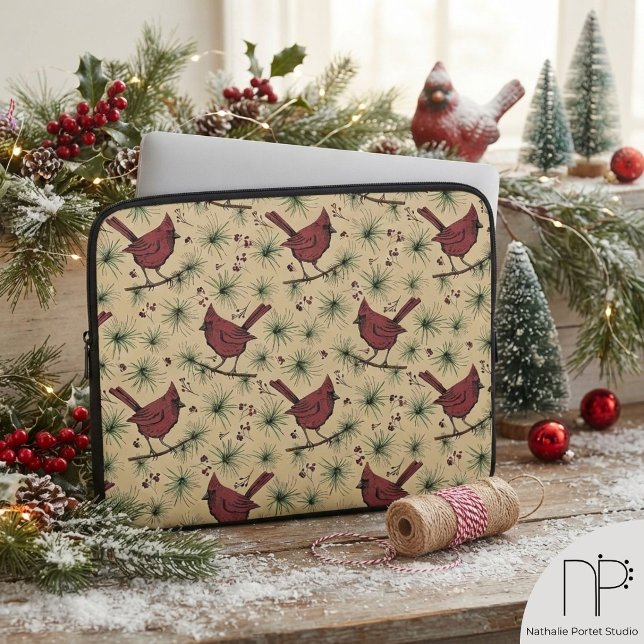 Winter Cardinal Goud Laptophoes Laptop Sleeve (This winter laptop sleeve features hand-drawn cardinals on pine for elegant holiday protection.)