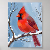 Winter Cardinal Rode Vogel Aquarel Schilderij Poster (Voorkant)
