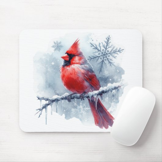 Winter Cardinal with Snowflakes on Icy Branch Muismat (Met muis)