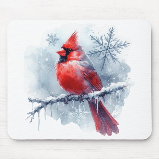 Winter Cardinal with Snowflakes on Icy Branch Muismat (Voorkant)