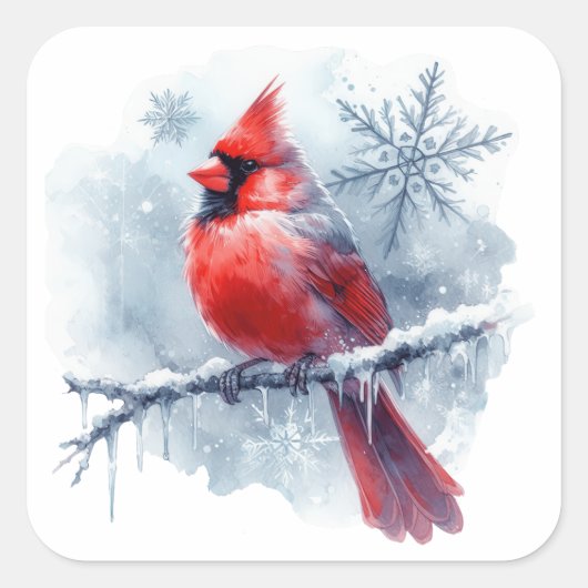 Winter Cardinal with Snowflakes on Icy Branch Vierkante Sticker (Voorkant)