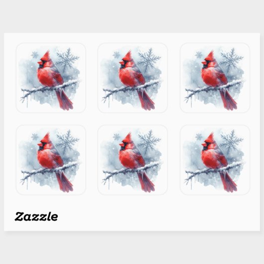 Winter Cardinal with Snowflakes on Icy Branch Vierkante Sticker (Vel)