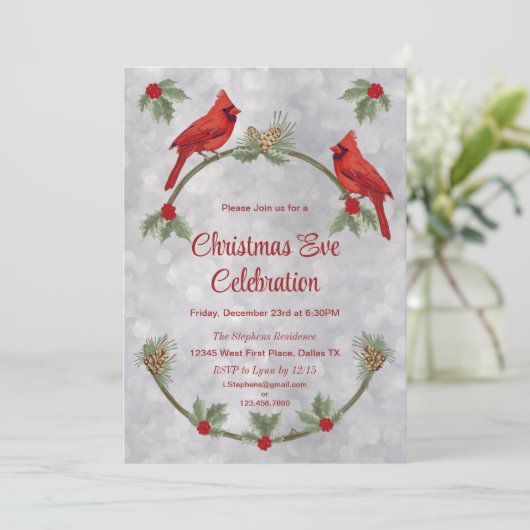 Winter Cardinals and Pines Party Invitation Kaart (Staand voorkant)