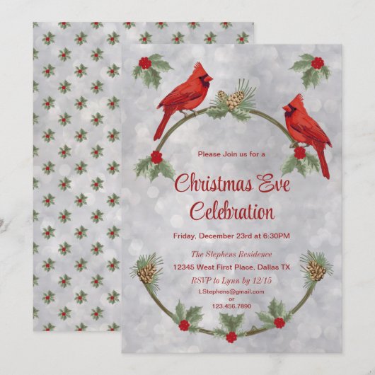 Winter Cardinals and Pines Party Invitation Kaart (Voorkant / Achterkant)