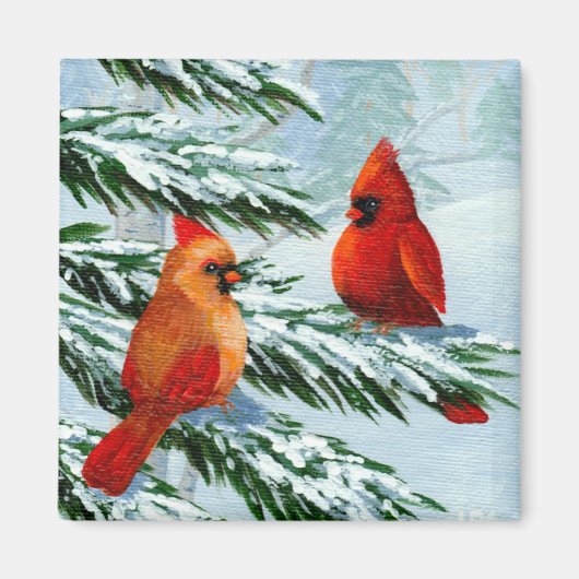 Winter Cardinals Birds Snow Creationarts Magneet (Voorkant)