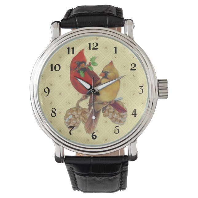 Winter Cardinals Pine en Holly Horloge (Voorkant)