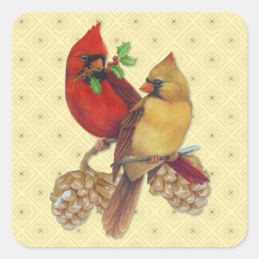 Winter Cardinals Pine en Holly Vierkante Sticker (Voorkant)
