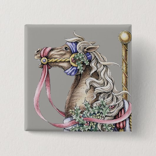 Winter Carousel Horse Drawing Square Button (Voorkant)