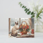 Winter Cat with Flowers  Christmas Collection Feestdagenkaart (Staand voorkant)