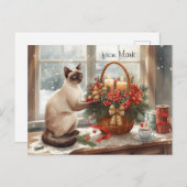 Winter Cat with Flowers  Christmas Collection Feestdagenkaart (Voorkant / Achterkant)