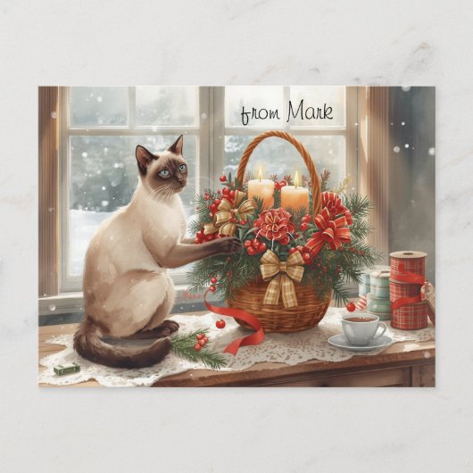 Winter Cat with Flowers  Christmas Collection Feestdagenkaart (Voorkant)