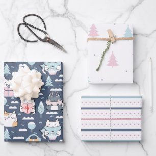 Winter Cats Fun Pastel Holiday Kerstmis Inpakpapier Vel