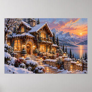 Winter Chalet aan het meer onder een gouden zonson Poster