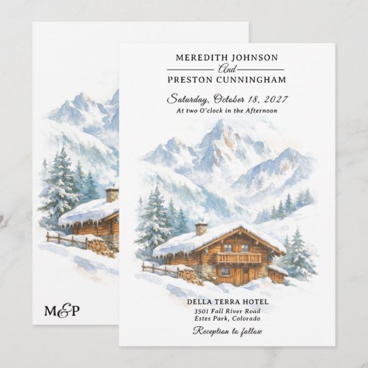 Winter Chalet Watercolor Sneeuw Bruiloft Kaart (Voorkant / Achterkant)
