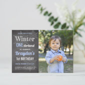 Winter Chalkboard Foto Boy 1st Birthday Kaart (Staand voorkant)