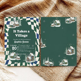 Winter Checkered "It Takes a Village" baby shower Kaart