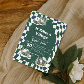 Winter Checkered "It Takes a Village" baby shower Kaart