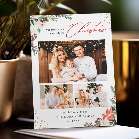 Winter Chic Botanical Floral 3 FotoKerstmis Feestdagenkaart