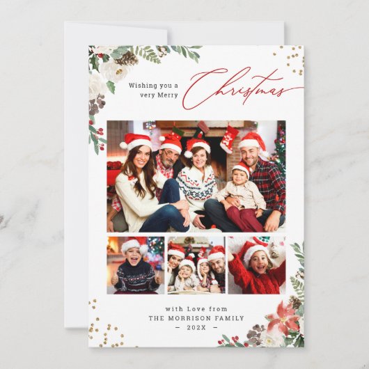 Winter Chic Botanical Floral 4 Foto Kerstmis Feestdagenkaart (Voorkant)