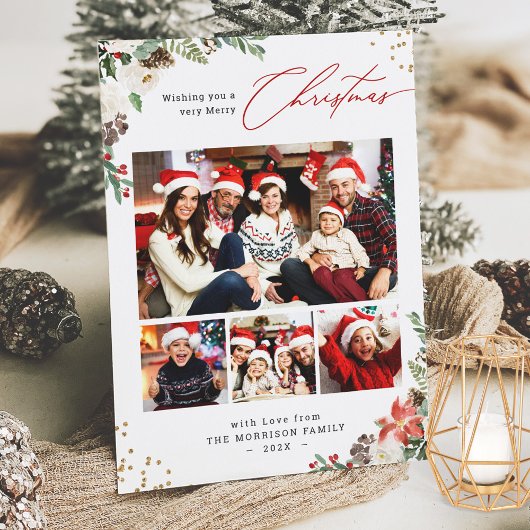 Winter Chic Botanical Floral 4 Foto Kerstmis Feestdagenkaart