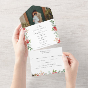 Winter Chic Botanical Floral Green Wedding All In One Uitnodiging