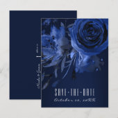 Winter Chic Floral Blue Roos Bold Save the Date Aankondigingskaart (Voorkant / Achterkant)