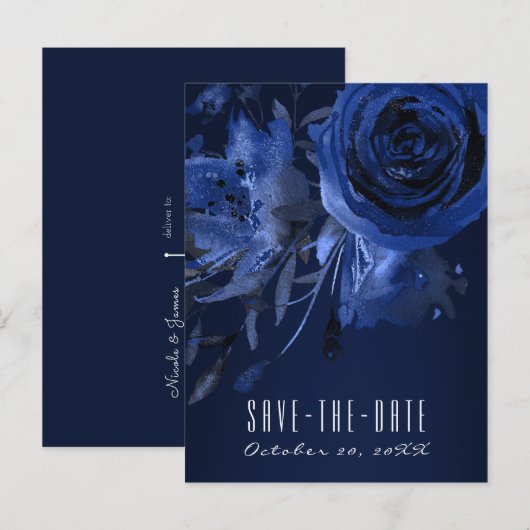 Winter Chic Floral Blue Roos Bold Save the Date Aankondigingskaart (Voorkant / Achterkant)