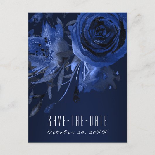 Winter Chic Floral Blue Roos Bold Save the Date Aankondigingskaart (Voorkant)