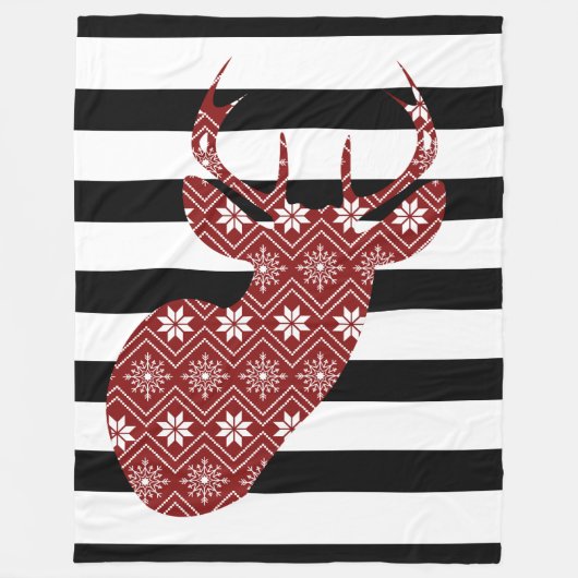 Winter Chic Red Deer Black + White Stripes Blanket Fleece Deken (Voorkant)